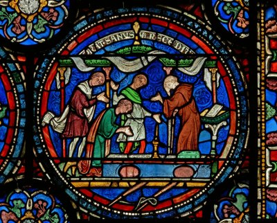 Detail from the Miracle Window depicting Mad Henry of Fordwich giving thanks following his cure by English School
