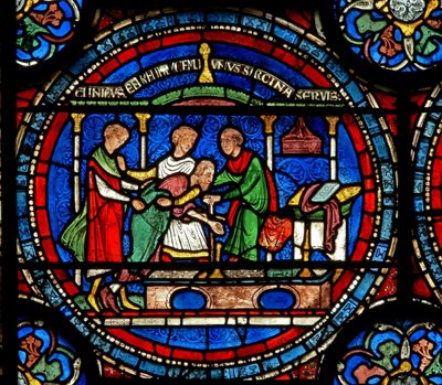 Detail from the Miracle Window depicting Robert of Cricklade at the tomb by English School