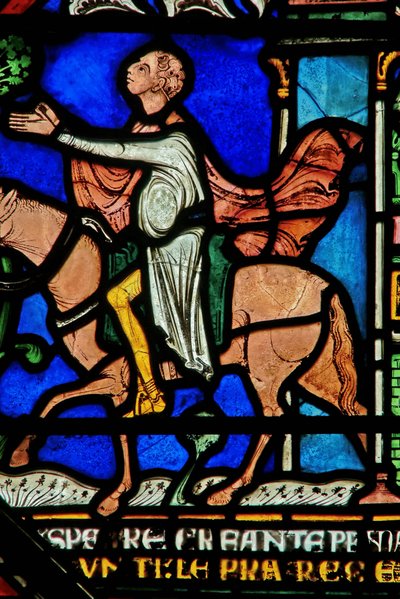 Detail from the Miracle Window depicting a knight riding out of the city cured by English School