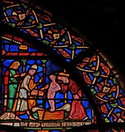 Miracle Window depicting the infant Geoffrey of Winchester making an offering at the tomb of St. Thomas (detail) by English School