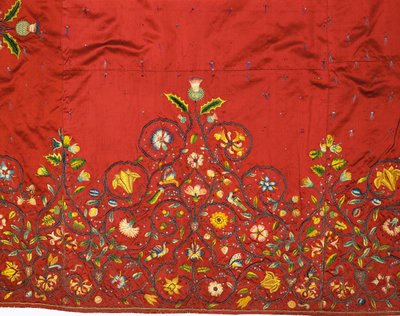 (detail) of an important skirt or petticoat of crimson silk said to have been embroidered by Mary, Queen of Scots for Queen Elizabeth I while she was captive at Hardwick by English School