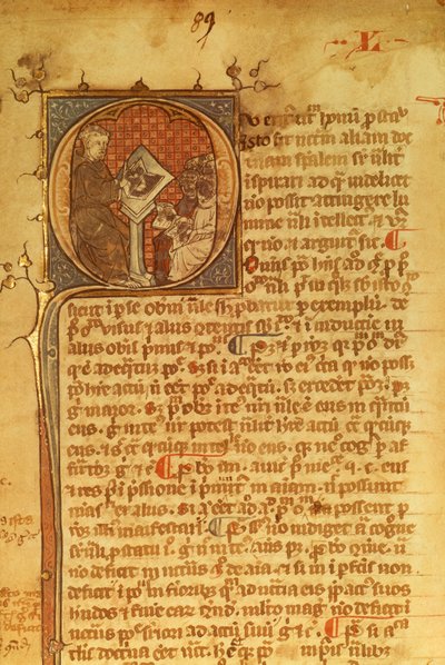 Detail of an ornamental letter in a 14th century manuscript. Duns Scotus lecturing his students by English School