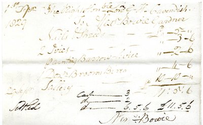 Devonshire MSS AS 3101, folio from a bundle of bills settled by Pinder Simpson for Lord George Cavendish, including Alexander Bowie