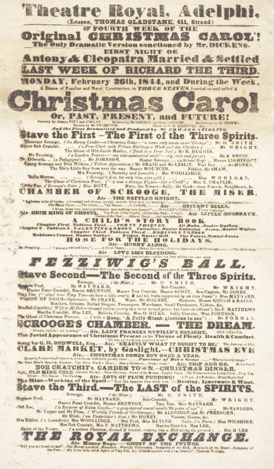Dickens playbill: A Christmas Carol at Adelphi Theatre Royal, February 26th 1814 by English School