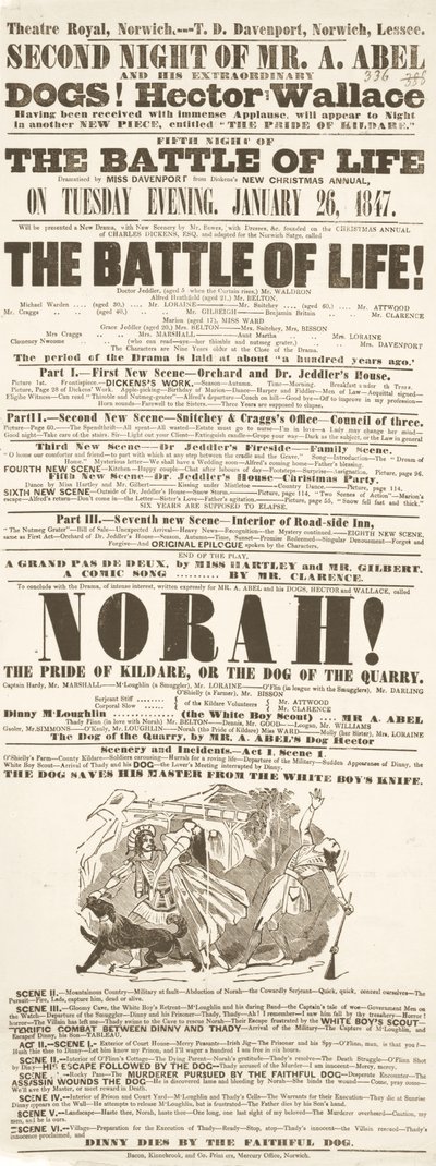Dickens playbill: The Battle of Life, at Theatre Royal, Norwich, 26th January 1847 by English School