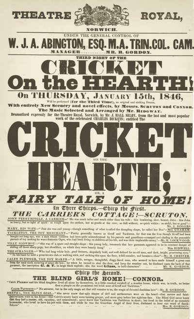 Dickens playbill: The Cricket on the Hearth at Theatre Royal, Derby, January 15th, 1846 by English School