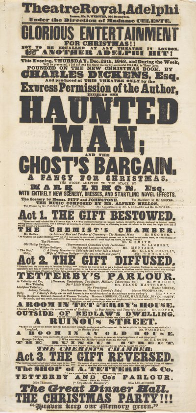 Dickens playbill: The Haunted Man, at Adelphi Theatre Royal, 28th December 1848 by English School