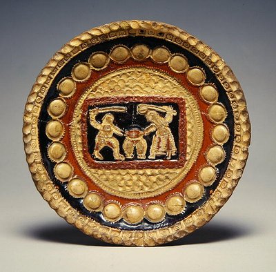 Dish with a man and a woman quarreling over a pair of breeches by English School