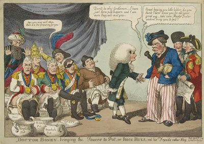 Doctor Boney bringing the Powers to Pot, or John Bull and his friends rather shy, pub. 1808 by English School