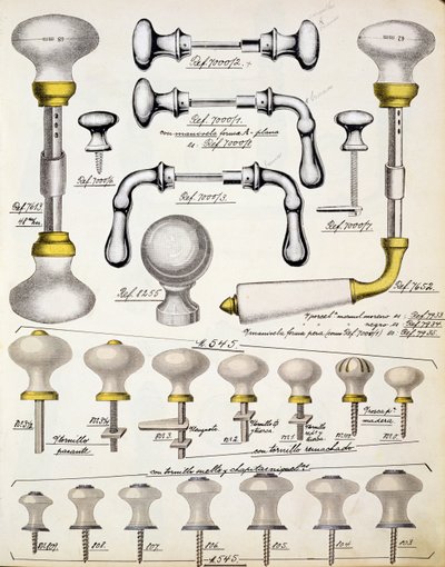 Door handles, from a trade catalogue of domestic goods and fittings, c.1890-1910 by English School
