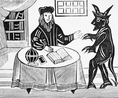 Dr. Faustus in Counsel with the Devil, from Gents translation of Dr. Faustus by Christopher Marlowe, from a collection of chapbooks on esoterica by English School