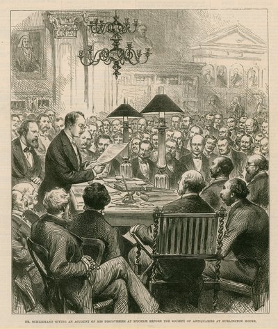 Dr Schiemann giving an account of his discoveries at Mycenae before the Society of Antiquaries at Burlington House by English School