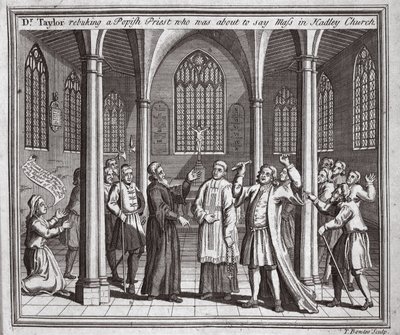 Dr. Taylor rebuking a Popish priest who was about to say mass in Hadley Church, illustration from Foxe