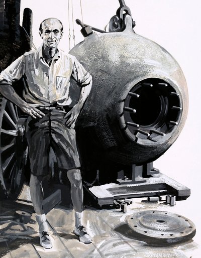 Dr William Beebe with his bathysphere by English School