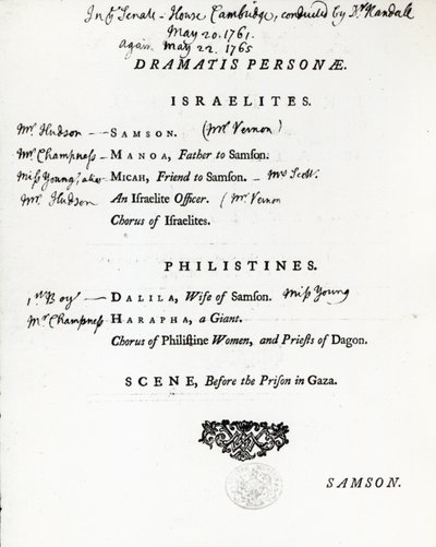 Dramatis Personae for Samson, an Oratorio by Handel by English School