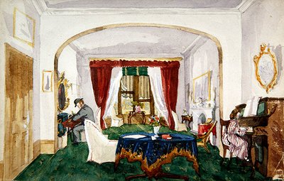 Drawing room interior, woman at piano, man in bowler hat writing, c.1850 by English School