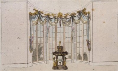 Drawing room window curtain and jardiniere, plate 101 from Ackermann