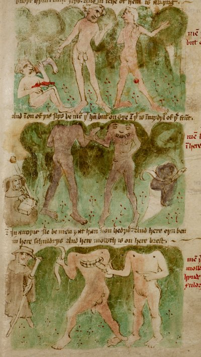 Drawings of the monstrous races in the kingdom of Dondun, including cyclops, cannibalistic giants and blemmyae, illustration from 