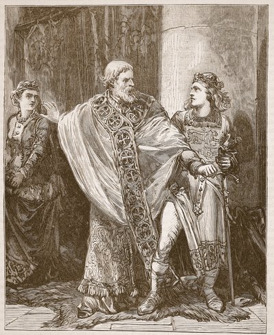 Dunstan dragging Edwy from the presence of Elgiva (Illustration from Cassell