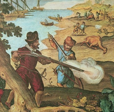 Dutch seamen armed with matchlock muskets, shooting camels to re-stock their vessels by English School