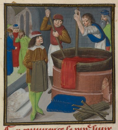 Dyers Soaking Red Cloth in a Heated Barrel by English School