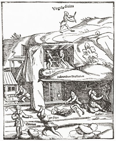 Early Representation of the Divining Rod, Showing a Figure with a Divining Rod Above Ground Searching for Water, Coal or Gold and the Miners Below Ground Toiling to Find Coal. From The Strand Magazine Published 1897. by English School