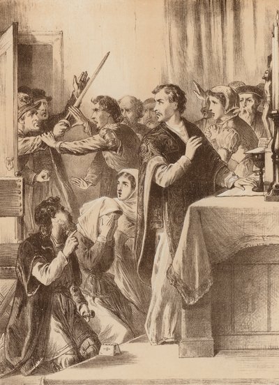 Edmund Genings, "Broke open the chamber door where he was celebrating" by English School