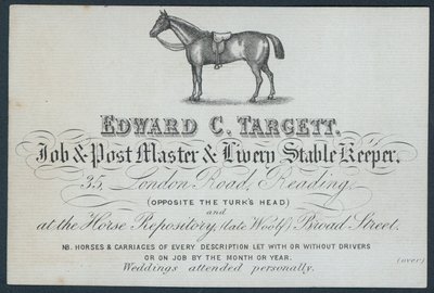 Edward C Targett, Job and Post Master and Livery Stable Keeper, Trade Card by English School