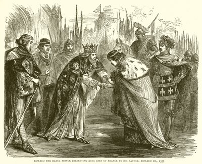 Edward the Black Prince presenting King John of France to his Father, Edward III, 1357 by English School