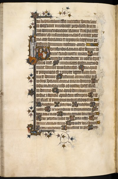 Bohun lady at prayer, with marginal lion and castle, from the 