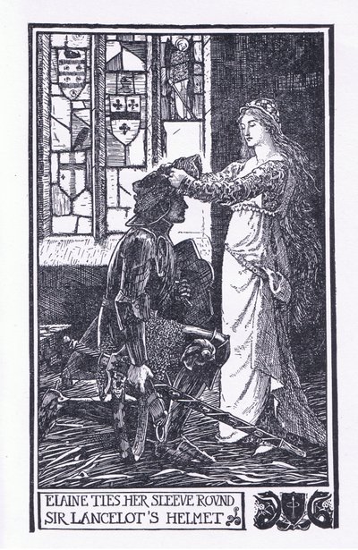 Elaine ties her sleeve around Sir Lancelot