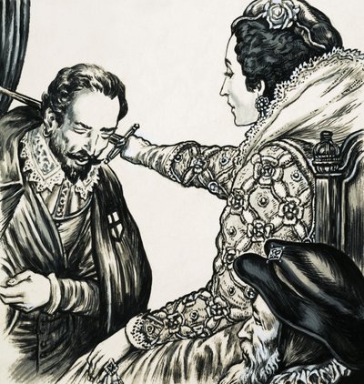 Elizabeth I knights one of her loyal servants by English School