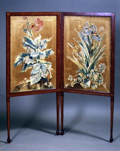 Embroidered Sheraton two-fold screen with satinwood inlay, late 18th century by English School
