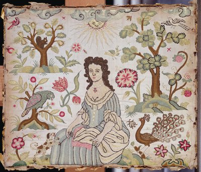 Embroidered panel depicting a lady in a garden, c.1700 by English School