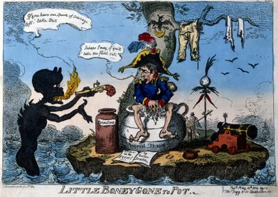 English cartoon depicting Emperor Napoleon I in exile on Elba Island: sitting on his new throne in the shape of a chamber pot, a demon gives him a pistol if he has the courage to use it. May 1814. by English School