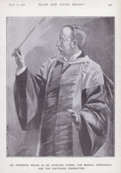 English composer, organist and conductor Sir Frederick Bridge rehearsing for the postponed coronation of King Edward VII by English School