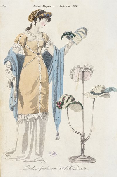 English fashion plate depicting a young woman choosing a hat, 1812 by English School