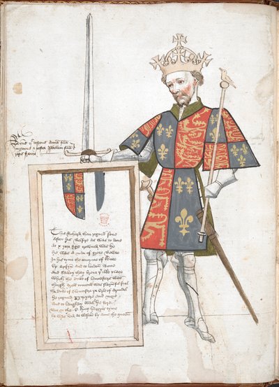English king in armour and tabard (Richard II), presenting a plaque with verses by English School