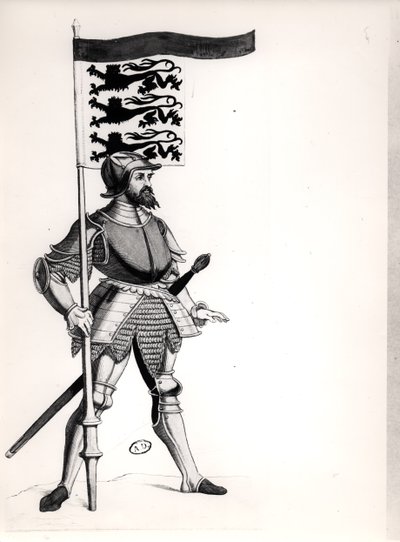 English soldier holding a standard with the three lions of England by English School