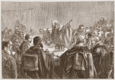 Episcopius Addressing the Members of the Synod of Dort by English School