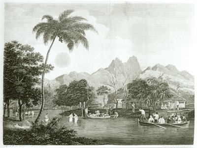 European missionaries in a Tahitian village, from A Missionary Voyage to the Southern Pacific Ocean Performed in the Years 1796-98 in the Ship Duff, published 1799 by English School