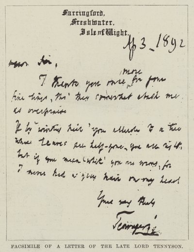 Facsimile of a Letter of the late Lord Tennyson by English School