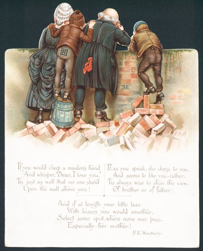 Family leaning over wall watching romantic couple by English School
