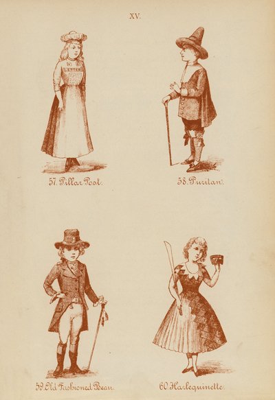 Fancy dress outfits: Pillar Post, Puritan, Old Fashioned Bean, Harlequinette by English School