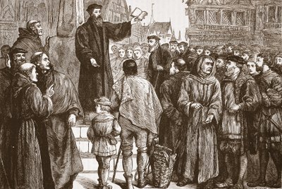 Farel Preaching in the Market-Place of Neuchatel by English School