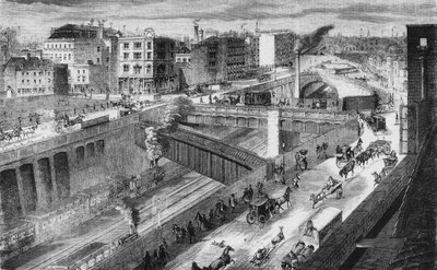 Farringdon Road and the Metropolitan Railway looking north by English School