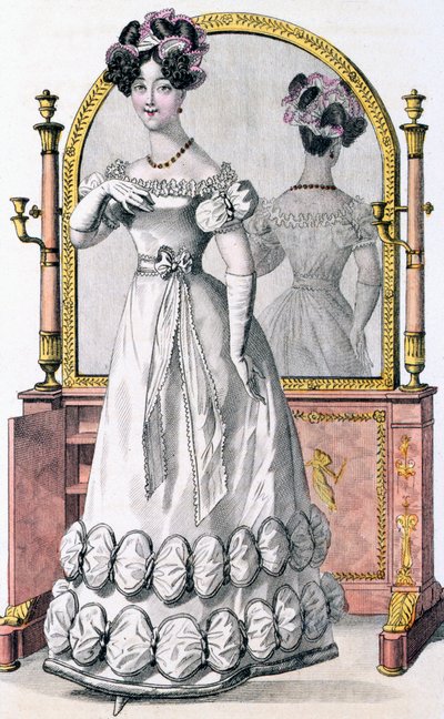 Fashion plate of a lady in evening dress, advertisement from 