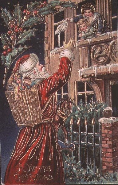 Father Christmas Waving to a Mother and Child by English School