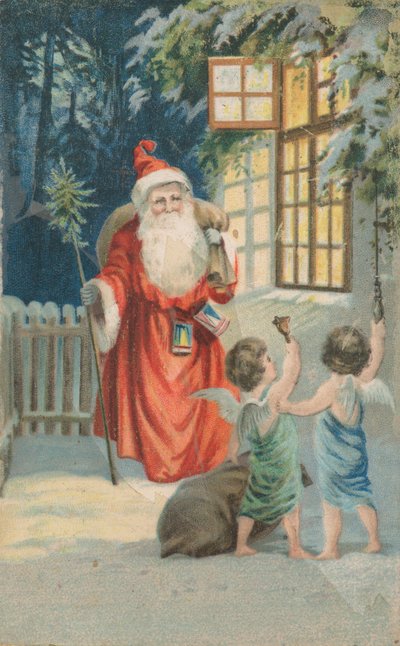 Father Christmas carrying a sack of gifts by English School