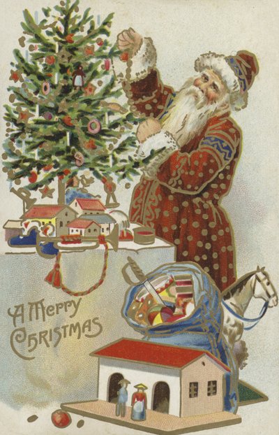 Father Christmas Decorating a Christmas Tree by English School